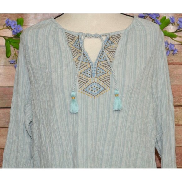 J. Jill Ladies Blue Striped Pullover Blouse XL Embroidered Tassels V-Neck Tunic - Picture 2 of 9